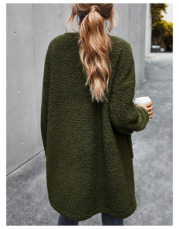 Winter Women New Thick Plush Warm Cardigan Medium Long Coat with Pockets
